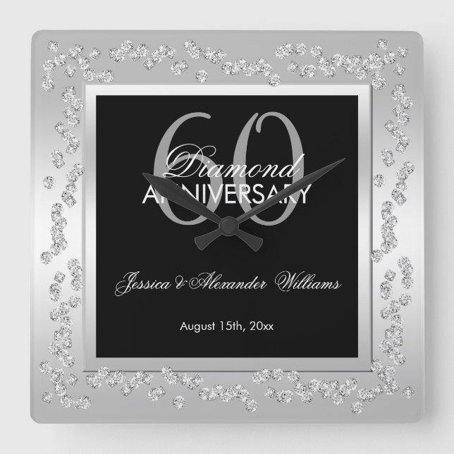 Stylish Silver Diamonds 60th Wedding Anniversary Square Wall Clock (Front)