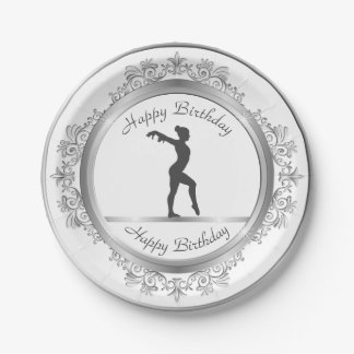 Stylish Silver Embellished Gymnastics Birthday Paper Plate