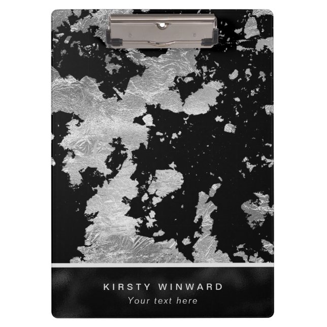 Stylish Silver Foil Flakes on Black Background Clipboard (Front)