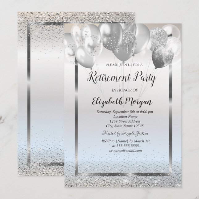 Stylish Silver Frame Confetti Balloons Retirement  Invitation (Front/Back)