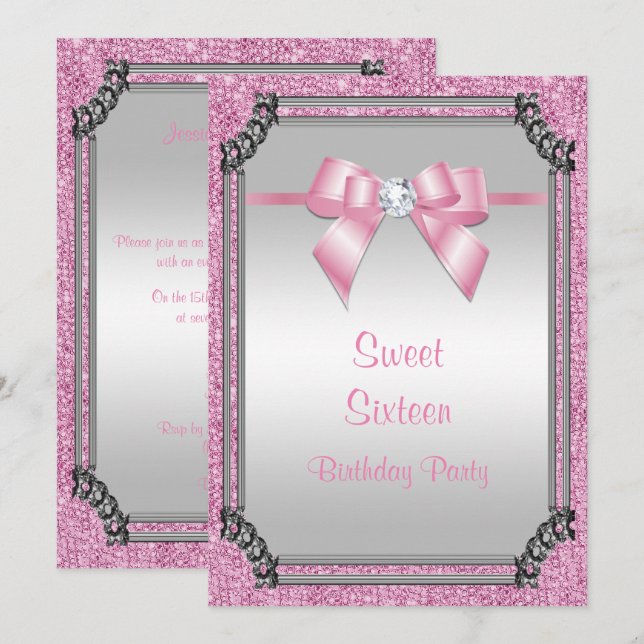 Stylish Silver Frame & Pink Posh Gem Bow Sweet 16 Invitation (Front/Back)