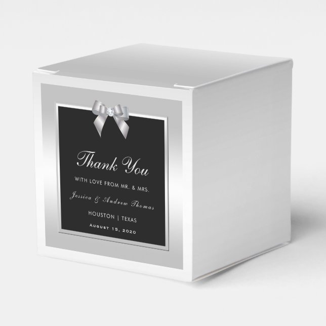 Stylish Silver Gem Bow & Black Wedding Favour Box (Front Side)