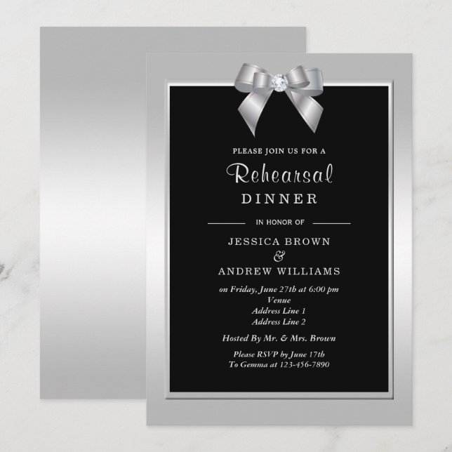Stylish Silver Gem Bow & Black Wedding Invitation (Front/Back)