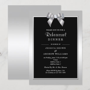 Stylish Silver Gem Bow & Black Wedding Invitation