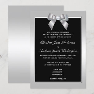Stylish Silver Gem Bow & Black Wedding Invitation