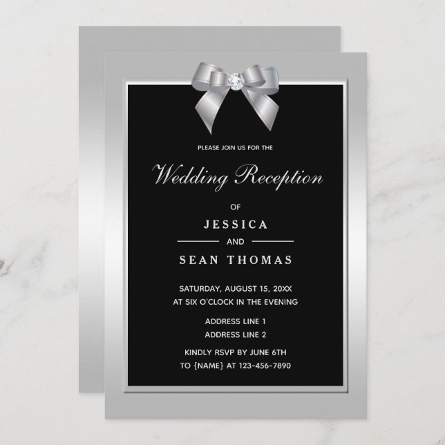 Stylish Silver Gem Bow & Black Wedding Reception Invitation (Front/Back)