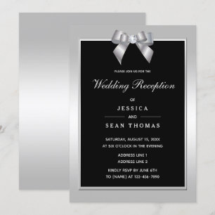 Stylish Silver Gem Bow & Black Wedding Reception Invitation