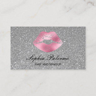 Stylish Silver Glitter And Pink Lips Business Card