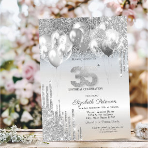 Stylish Silver Glitter Drips Balloons 35th Birthda Invitation