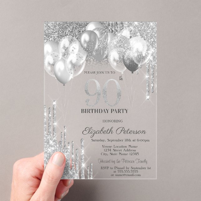 Stylish Silver Glitter Drips Balloons 90th Birthda Acrylic Invitations (Insitu (Handheld))