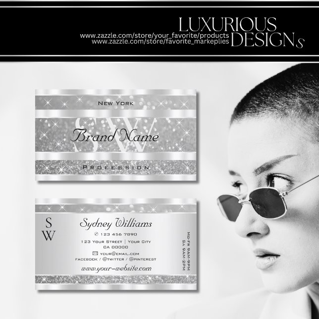 Stylish Silver Glitter Sparkling Stars Monogram Business Card (Creator Uploaded)