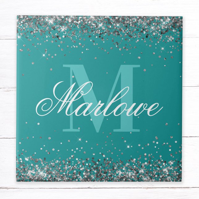 Stylish Silver Glitter Teal Monogram Tile (Creator Uploaded)