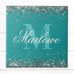 Stylish Silver Glitter Teal Monogram Tile