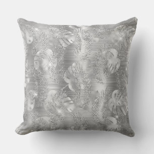 Stylish Silver Glitter Tropical Jungle Leaves Cushion