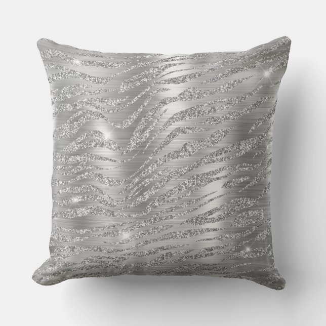 Stylish Silver Glitter Wild Tiger Stripes Pattern Cushion (Front)
