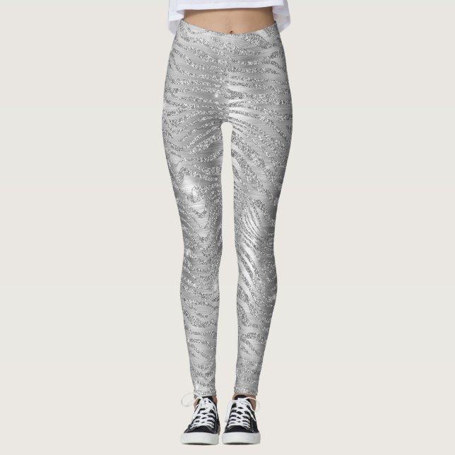 Stylish Silver Glitter Wild Tiger Stripes Pattern Leggings (Front)