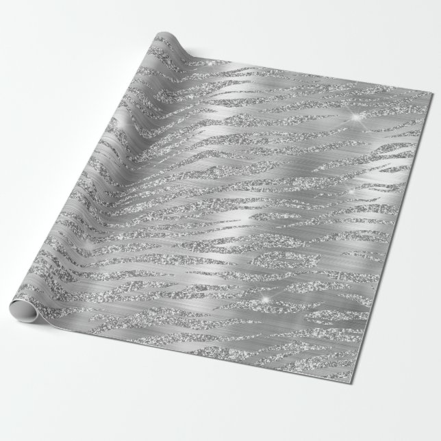Stylish Silver Glitter Wild Tiger Stripes Pattern Wrapping Paper (Unrolled)