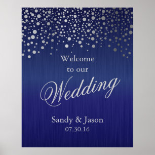 Stylish Silver Grey Confetti Dots   Dark Blue Poster