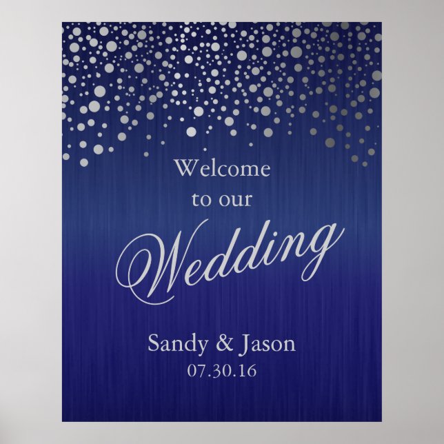 Stylish Silver Grey Confetti Dots | Dark Blue Poster (Front)