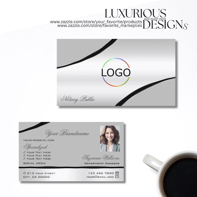 Stylish Silver Grey Curved Decor Lines Logo Photo Business Card (Creator Uploaded)