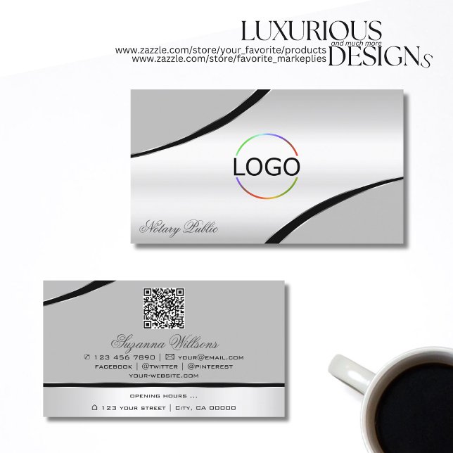 Stylish Silver Grey Curved Lines Logo and QR Code Business Card (Creator Uploaded)