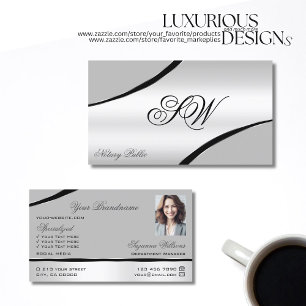 Stylish Silver Grey Curved Lines Monogram Photo Business Card