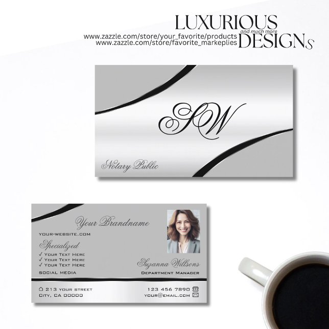 Stylish Silver Grey Curved Lines Monogram Photo Business Card (Creator Uploaded)