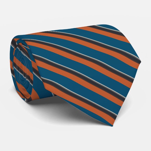 Stylish Silver Grey Navy Orange Red Blue Stripes Tie (Rolled)