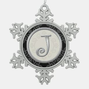 Stylish Silver Monogram J Christmas Snowflake Pewter Christmas Ornament