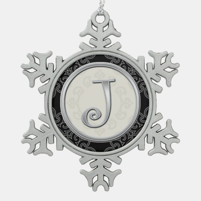 Stylish Silver Monogram  J Christmas Snowflake Pewter Christmas Ornament (Front)
