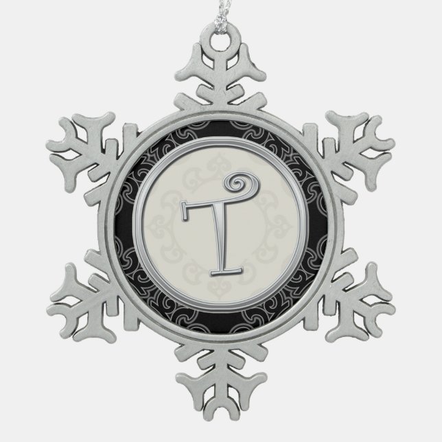 Stylish Silver Monogram T Christmas Snowflake Pewter Christmas Ornament (Front)