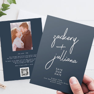 Stylish Silver Navy Blue Photo Save The Date