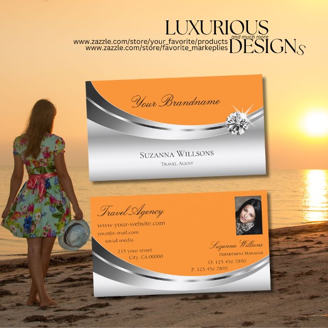 Stylish Silver Orange with Photo Sparkle Diamond Business Card (Creator Uploaded)