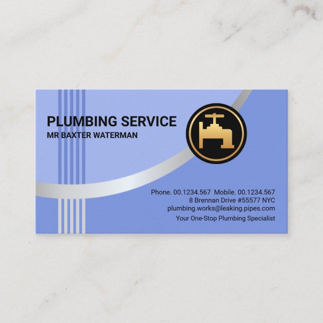 Stylish Silver Pipe Water Wave Plumbing Business Card (Front)