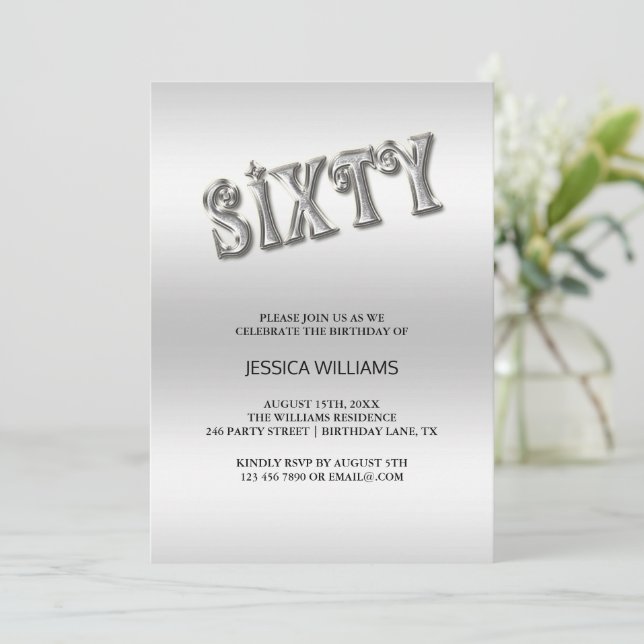 Stylish Silver "Sixty" Birthday Invitation (Standing Front)