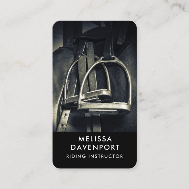 Stylish Silver Stirrups on English Riding Saddle Business Card (Front)