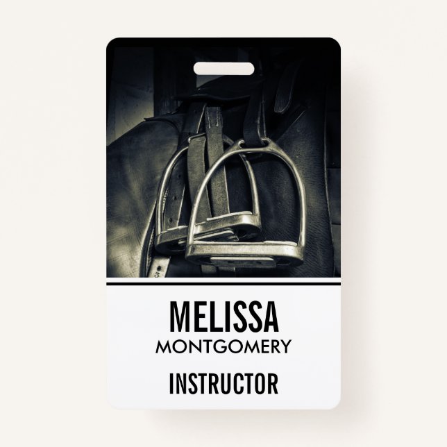 Stylish Silver Stirrups on English Riding Saddle ID Badge (Front)