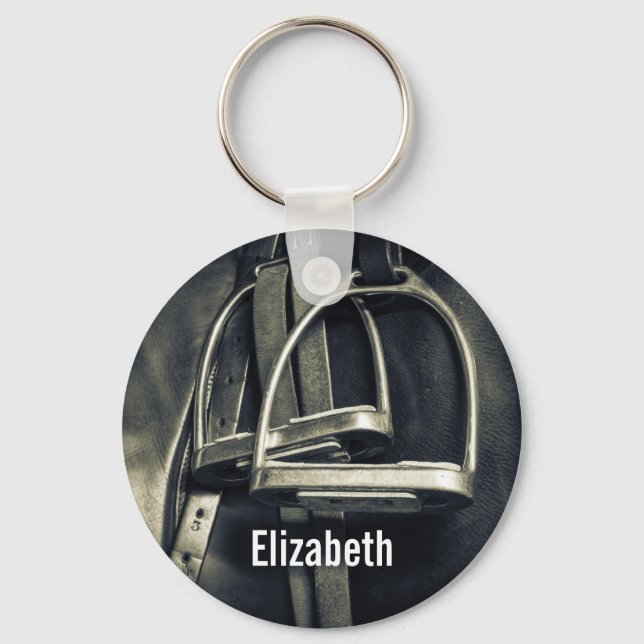 Stylish Silver Stirrups on English Riding Saddle Key Ring (Front)