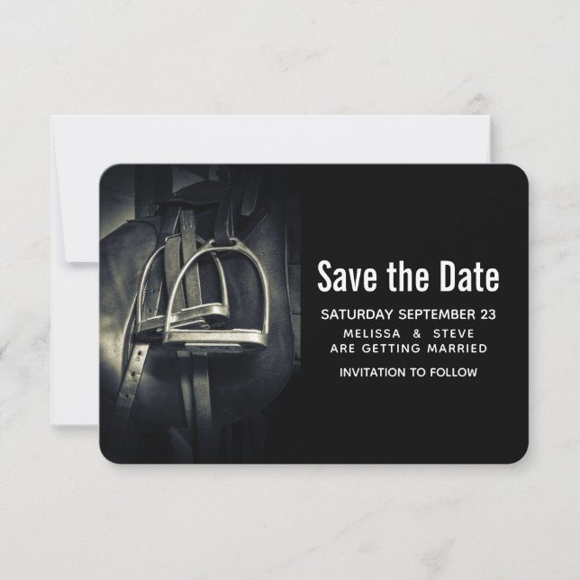Stylish Silver Stirrups on English Riding Saddle Save The Date (Front)