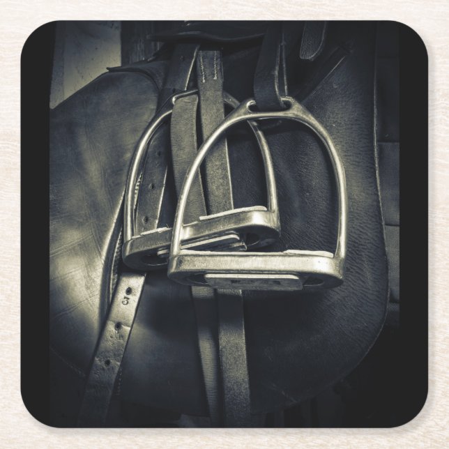 Stylish Silver Stirrups on English Riding Saddle Square Paper Coaster (Front)