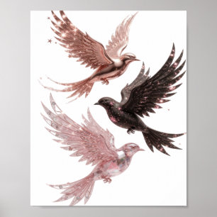 Stylish Silver THREE BLESSED BIRDS Design Poster