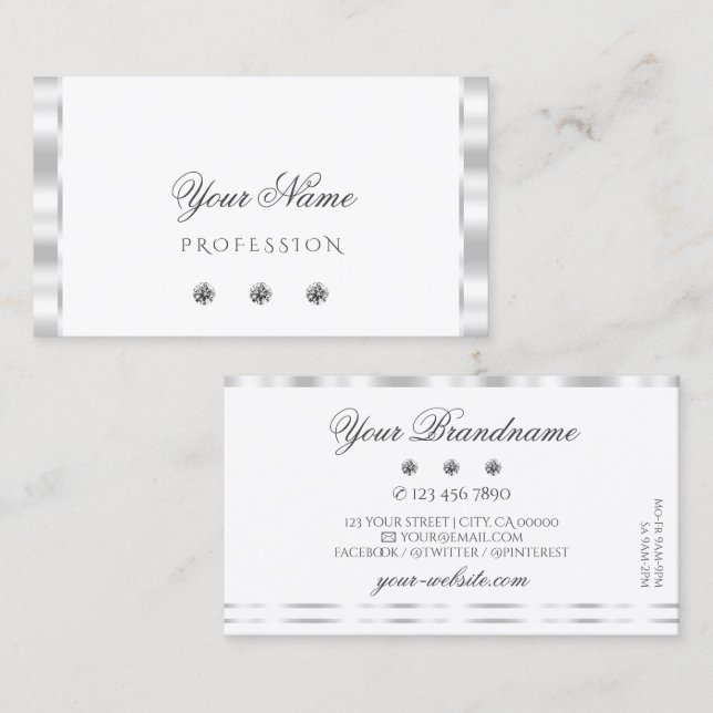 Stylish Silver White Sparkling Diamonds Elegant Business Card (Front/Back)