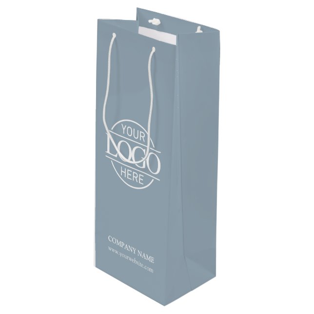 Stylish Simple Dusty Blue Company Business Logo Wine Gift Bag (Front Angled)