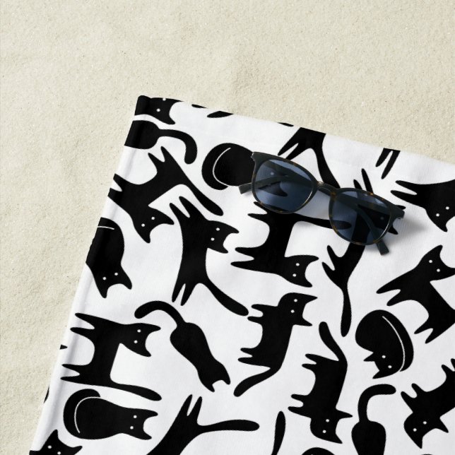Stylish Simple Modern Cool Black Cats on White Beach Towel (In Situ)