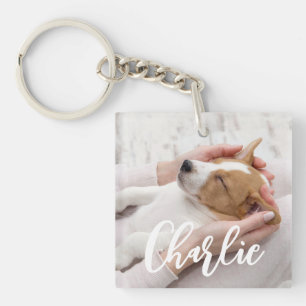 Stylish Simple Modern Dog Name 2 Photo Key Ring