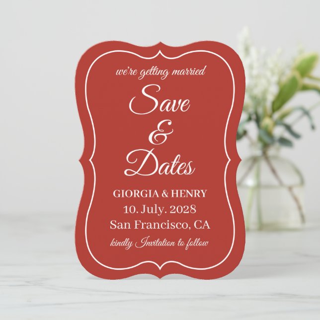 STYLISH SIMPLE MODERN MINIMLIST DARK RED WEDDING SAVE THE DATE (Standing Front)