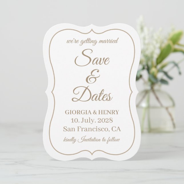 STYLISH SIMPLE MODERN MINIMLIST WHITE & BEIGE SAVE THE DATE (Standing Front)