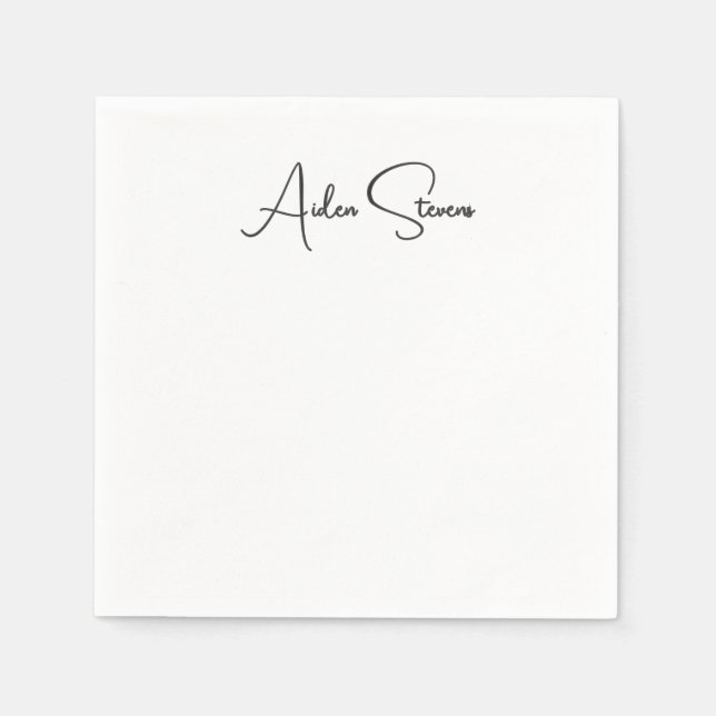 Stylish Simple Plain Black & White Minimalist Name Napkin (Front)