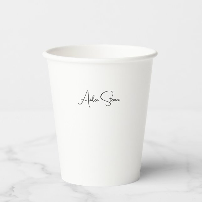 Stylish Simple Plain Black & White Minimalist Name Paper Cups (Front)