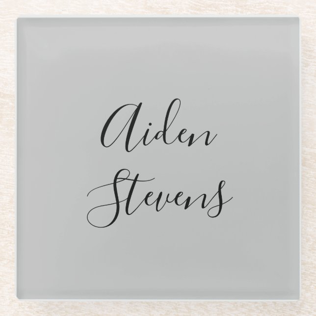 Stylish Simple Plain Grey Minimalist Calligraphy Glass Coaster (Front)